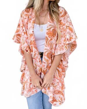 NEW AMOLI floral ruffle sleeve kimono in peach